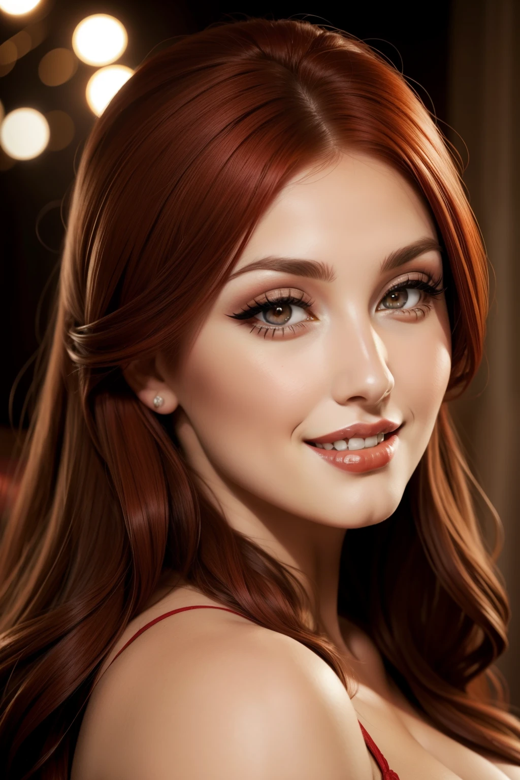 Lucy pinder, smiling, very intense makeup, voluptuous, red lisptick, red hair, bride, Adele