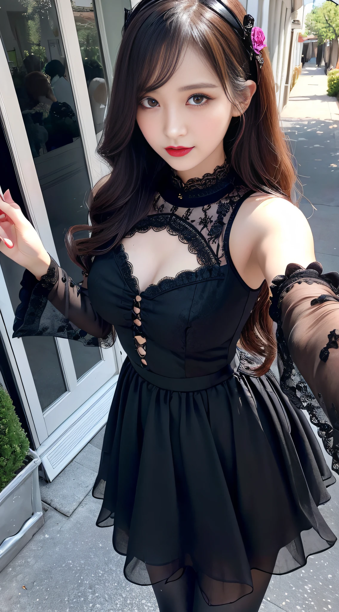 Ultra-detailed、Fascinating beauty、Dainty woman、Cool Girl、Wavy Hair、Black chiffon dress、Wide sleeves、flered skirt、Evil Female Executive、Evil Fall、brainwash、pantyhose、lacy fabric、Glossy legs、lipsticks、Evil look、Suspicious look、Hollow eyes、wicked、Reaching out、Over Head Shot、selfy、stand up