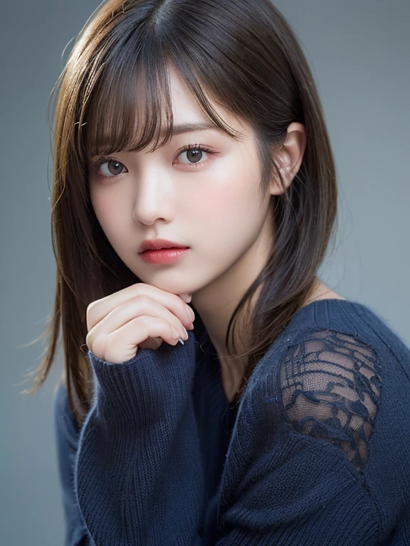 (​masterpiece:1.3), (8K, Photorealsitic, Raw photography, Top image quality: 1.4), 20 year old girl、(Random hairstyles:1.2)、Super Detail Face、Eye of Detail、二重まぶた、foco nítido:1.2、prety woman:1.4、light brown hair、poneyTail、Natural Color Lip、top-quality、​masterpiece、超A high resolution、(Photorealsitic:1.4)、very detailed and professional lighting、wear a dark blue sweater、slender、serious facial expression、Transparent skin、randome pose、Glowing hair、Gravure Model Pose、