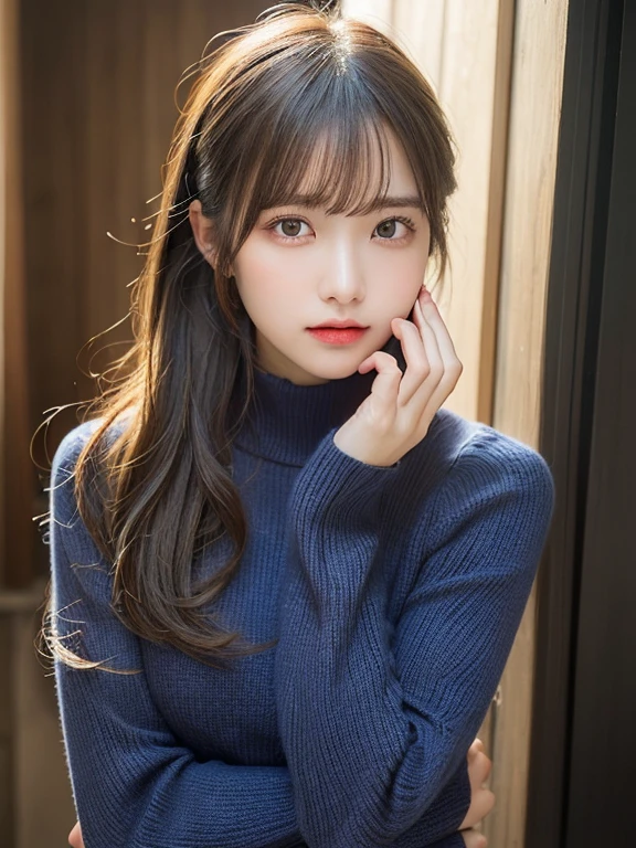 (​masterpiece:1.3), (8K, Photorealsitic, Raw photography, Top image quality: 1.4), 20 year old girl、(Random hairstyles:1.2)、Super Detail Face、Eye of Detail、二重まぶた、foco nítido:1.2、prety woman:1.4、light brown hair、poneyTail、Natural Color Lip、top-quality、​masterpiece、超A high resolution、(Photorealsitic:1.4)、very detailed and professional lighting、wear a dark blue sweater、slender、serious facial expression、Transparent skin、randome pose、Glowing hair、Gravure Model Pose、