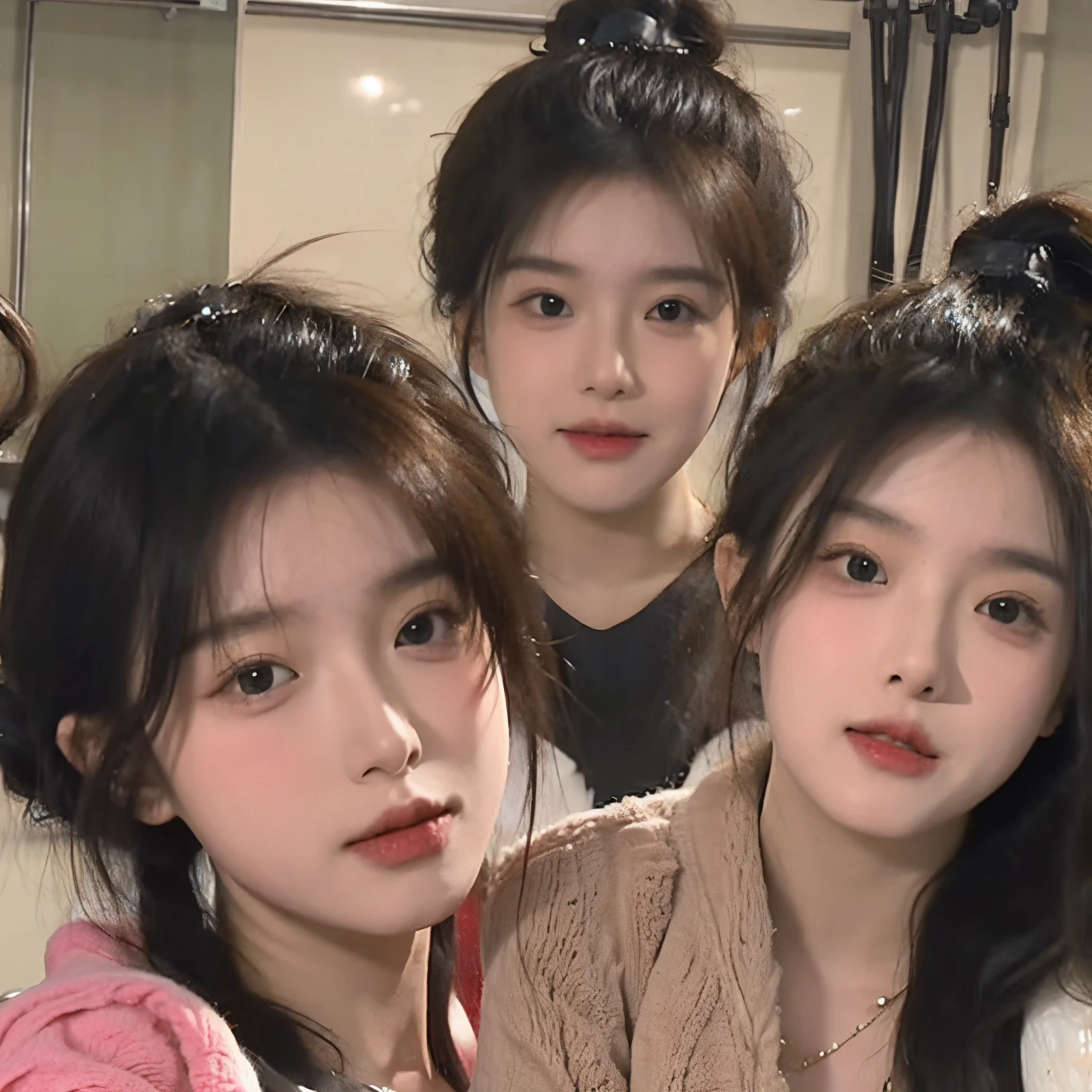3girls kpop idols, different hairstyles, Taking a selfie during dance practice, cute, they look like they are having fun