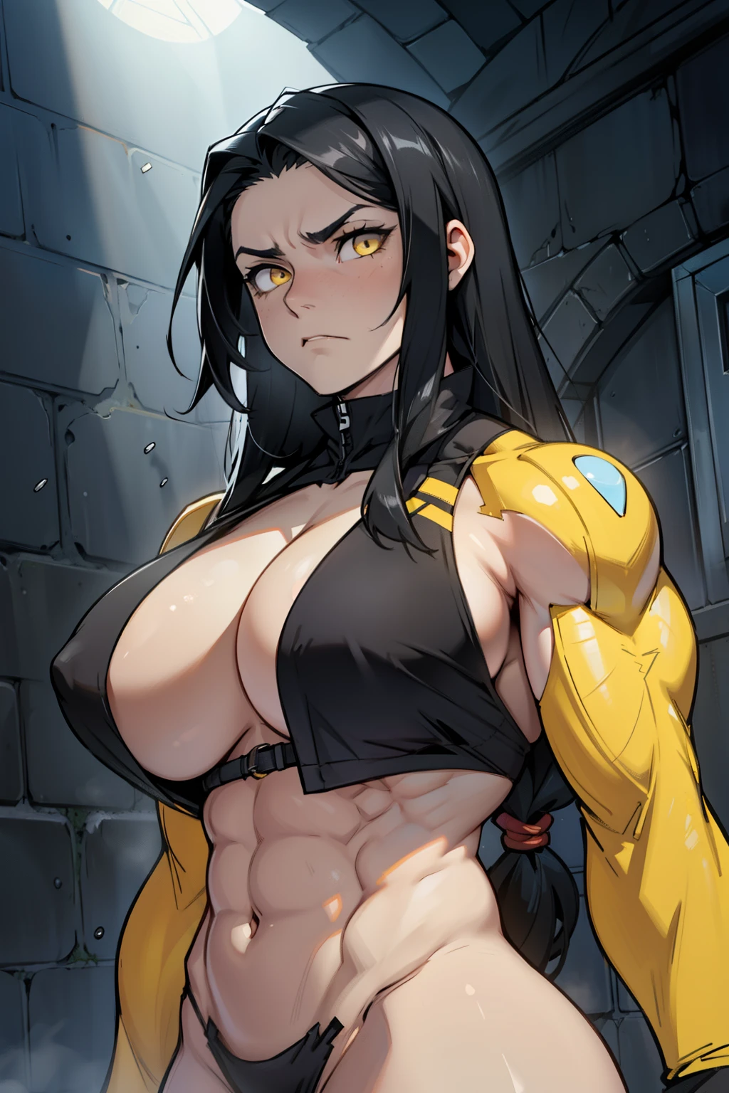 (((1girl muscular))) ((toned body)) black hair yellow eyes pale skin straight hair frown sad god rays (huge tits)