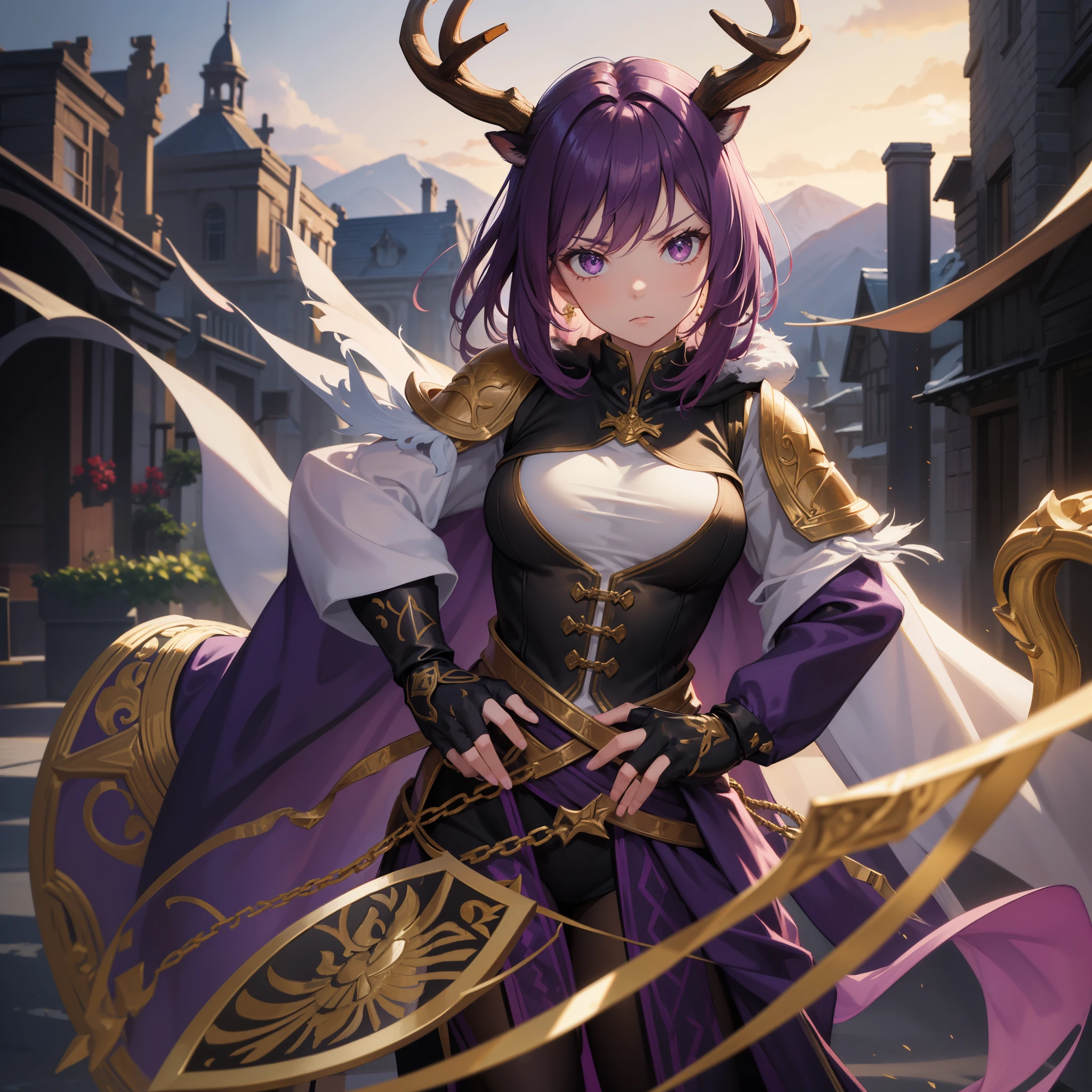 (Best quality), (masterpiece), (ultra detailed), ((1female)), solo, Satyr, ((deer antlers)), beautiful, medium breast, black fur, dark theme, pink hair, ((chestwear:(vest:purple))), (handwear:(fingerless_gloves))), bard, bold expression, fierce, determined gaze, satyr anthro, full body, beautiful, curvy, smooth skin, armored, wearing a breastplate, gold trimmed armor, wearing a cloak, dressed in robes, has a hood on, combat, ready to fight, holding_lute, has a lute, stringed instrument, academy
