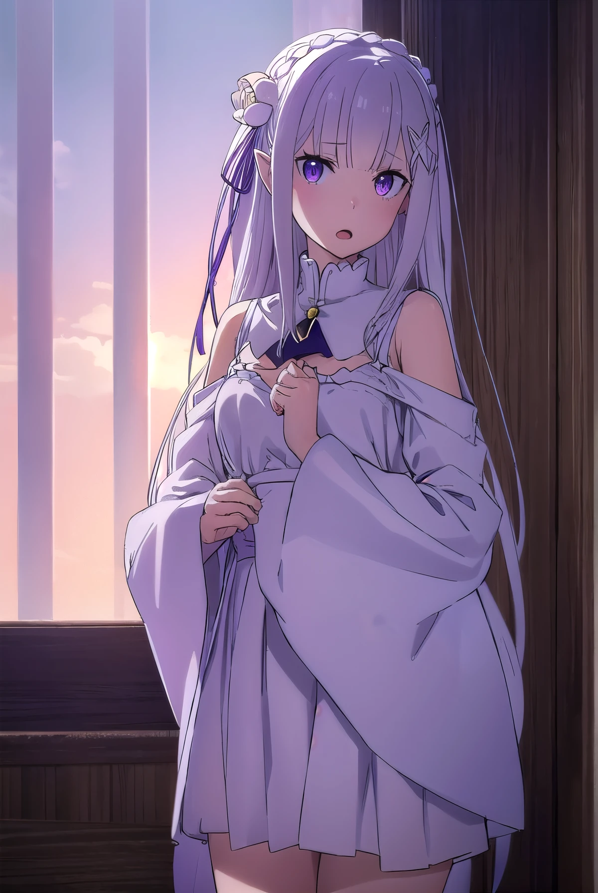 rezeroemilia, emilia, braid, crown braid, flower, hair flower, hair ornament, hair ribbon, long hair, low-tied long hair, (purple eyes:1.2), pointy ears, white flower, x hair ornament, open mouth,
BREAK White Lacey bra, blue jeans, 
BREAK outdoors, city,
BREAK looking at viewer, (cowboy shot:1.5),
BREAK (masterpiece:1.2), best quality, high resolution, unity 8k wallpaper, (illustration:0.8), (beautiful detailed eyes:1.6), extremely detailed face, perfect lighting, extremely detailed CG, (perfect hands, perfect anatomy),