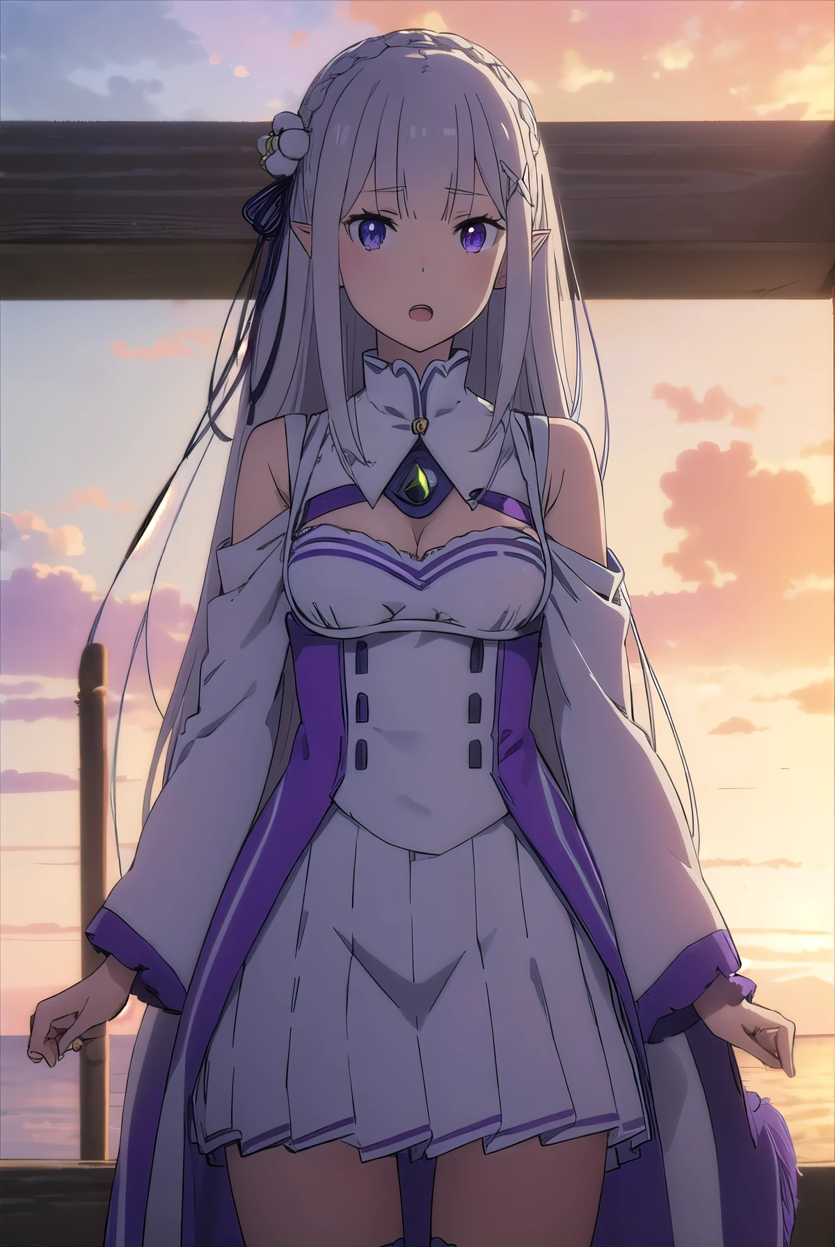 rezeroemilia, emilia, braid, crown braid, flower, hair flower, hair ornament, hair ribbon, long hair, low-tied long hair, (purple eyes:1.2), pointy ears, white flower, x hair ornament, open mouth,
BREAK White Lacey bra, blue jeans, 
BREAK outdoors, city,
BREAK looking at viewer, (cowboy shot:1.5),
BREAK (masterpiece:1.2), best quality, high resolution, unity 8k wallpaper, (illustration:0.8), (beautiful detailed eyes:1.6), extremely detailed face, perfect lighting, extremely detailed CG, (perfect hands, perfect anatomy),