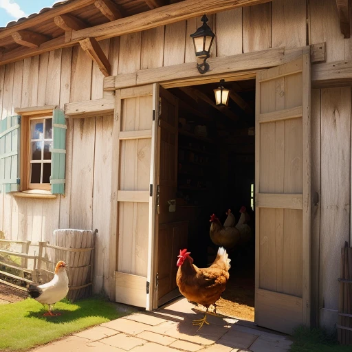 Farm of chickens , door partially opened , banner , chicken try to fly from the door , looking enthusiastic