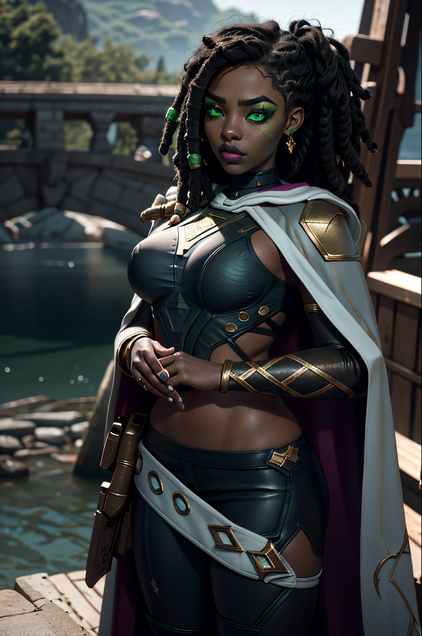 photography, ultra realistic, 1girl, green eyes, dreadlocks, hooded cape, eyeshadow, eyelashes, eyeliner, ultra glossy lipstick, (pouty lips:1.2), makeup, freckles, blush, (skindentation), sexy pose, full body shot, barefoot, detailed clothes, beautifully detailed woman, extremely detailed eyes and face, beautiful detailed eyes, on a boat background, (bokeh, UHD, HDR, highres, ultra detailed, intricate details, textural effects, absurdres, masterpiece, 8k:1.2),