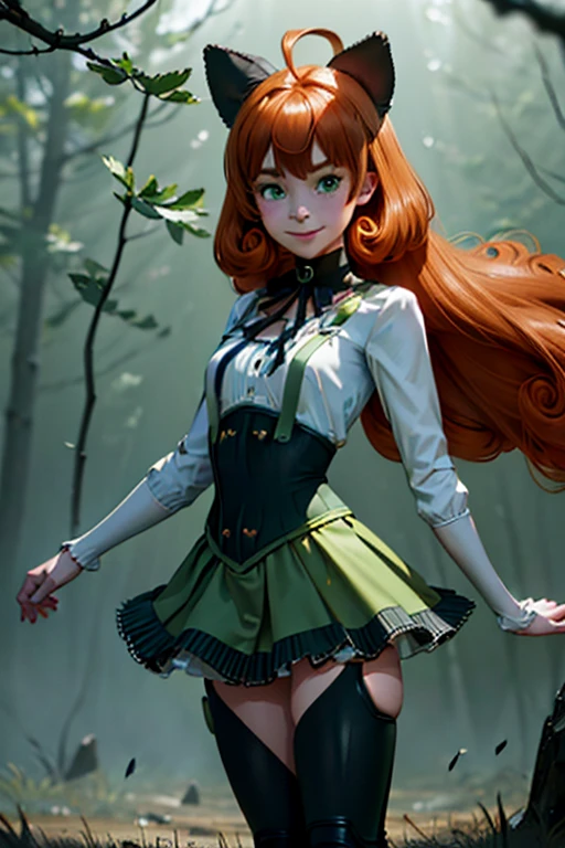 depth of field, blur, forest background, pennymk2, green eyes, black bow, (power symbol:1.2), black ribbon, black thighhighs, mechanical legs, smile, long hair, white blouse, suspender skirt, corset, orange hair, 8k wallpaper, octane render, cinematic lighting, best quality, highres, absurdres, sharp focus, (8k), (4k), (Best Quality), fantasy, extremely detailed, intricate, hyper detailed, (perfect face), illustration, soft lighting, (specular lighting:1.4),
