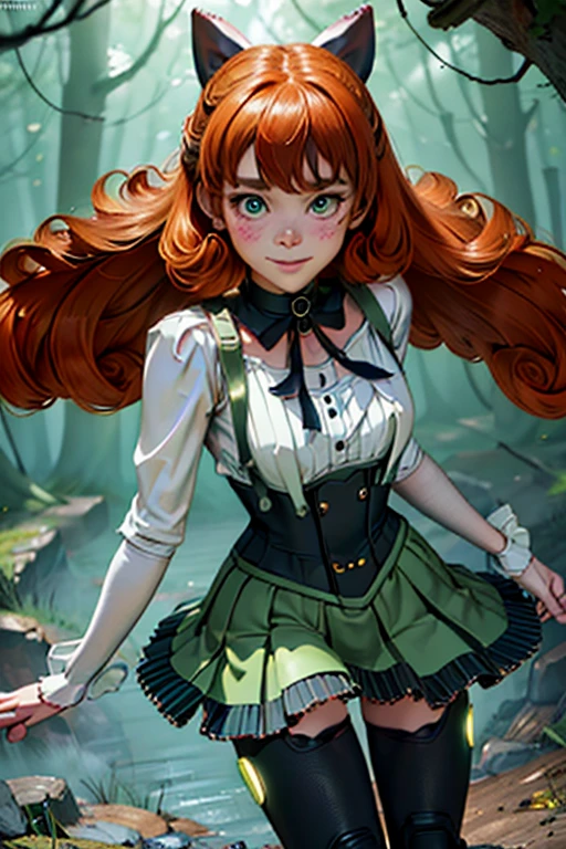 depth of field, blur, forest background, pennymk2, green eyes, black bow, (power symbol:1.2), black ribbon, black thighhighs, mechanical legs, smile, long hair, white blouse, suspender skirt, corset, orange hair, 8k wallpaper, octane render, cinematic lighting, best quality, highres, absurdres, sharp focus, (8k), (4k), (Best Quality), fantasy, extremely detailed, intricate, hyper detailed, (perfect face), illustration, soft lighting, (specular lighting:1.4),