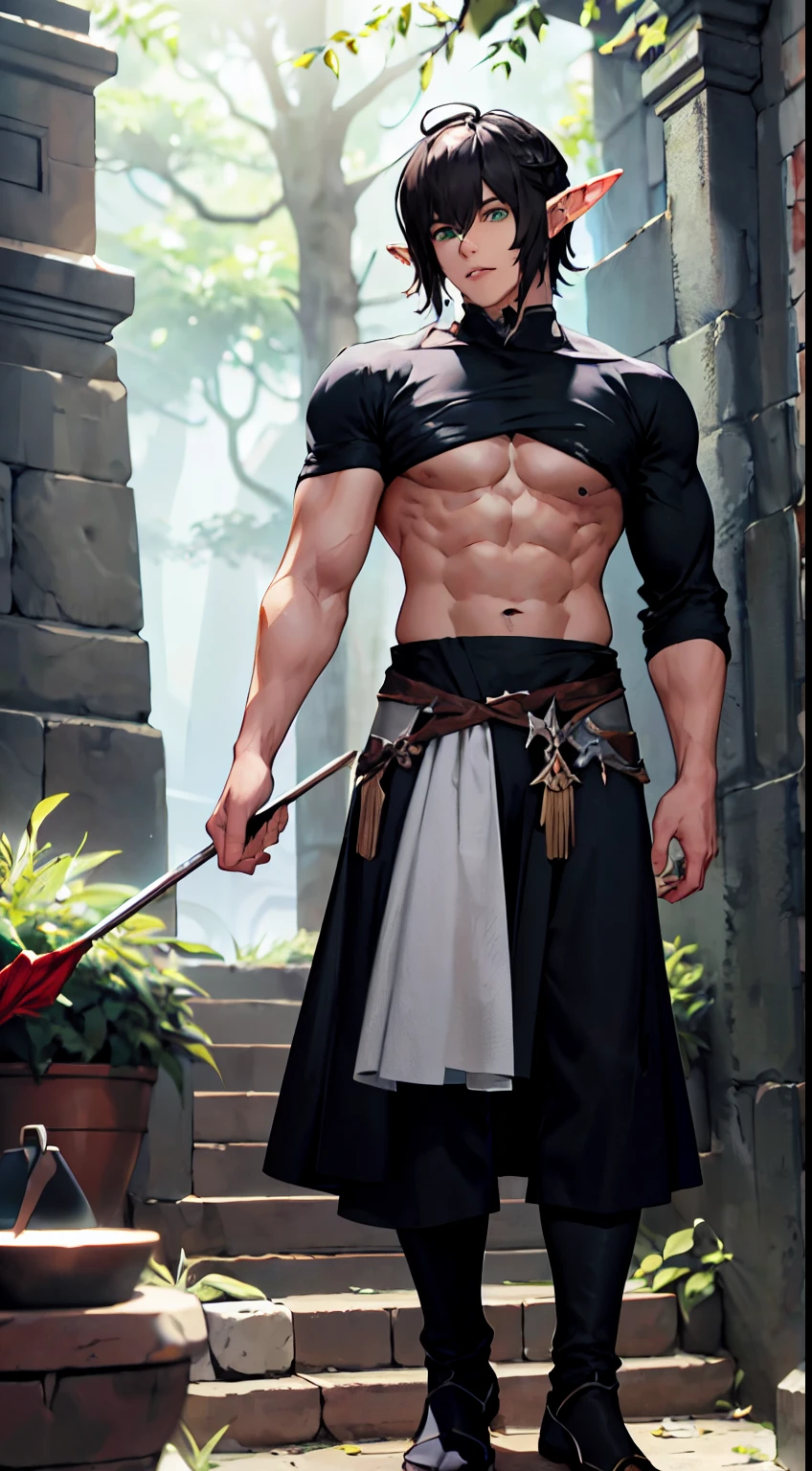 realistic, detailed, 1 man, man, warrior, full body, standing, on top of a mountain, sweat, forest and castle in the background, naked torso, chaps, 4 sit-ups, lewd look, holding a sword, detailed face, detailed hair, detailed hands, detailed legs, detailed eyes, detailed skin, dynamic lighting, detailed face, detailed hands, detailed legs, detailed fingers, detailed hair, detailed eyes,  Detailed skin, dynamic lighting, (photorealistic: 1.4), 8k uhd, (hyper realistic), (photo realistic), (masterpiece), (best quality)