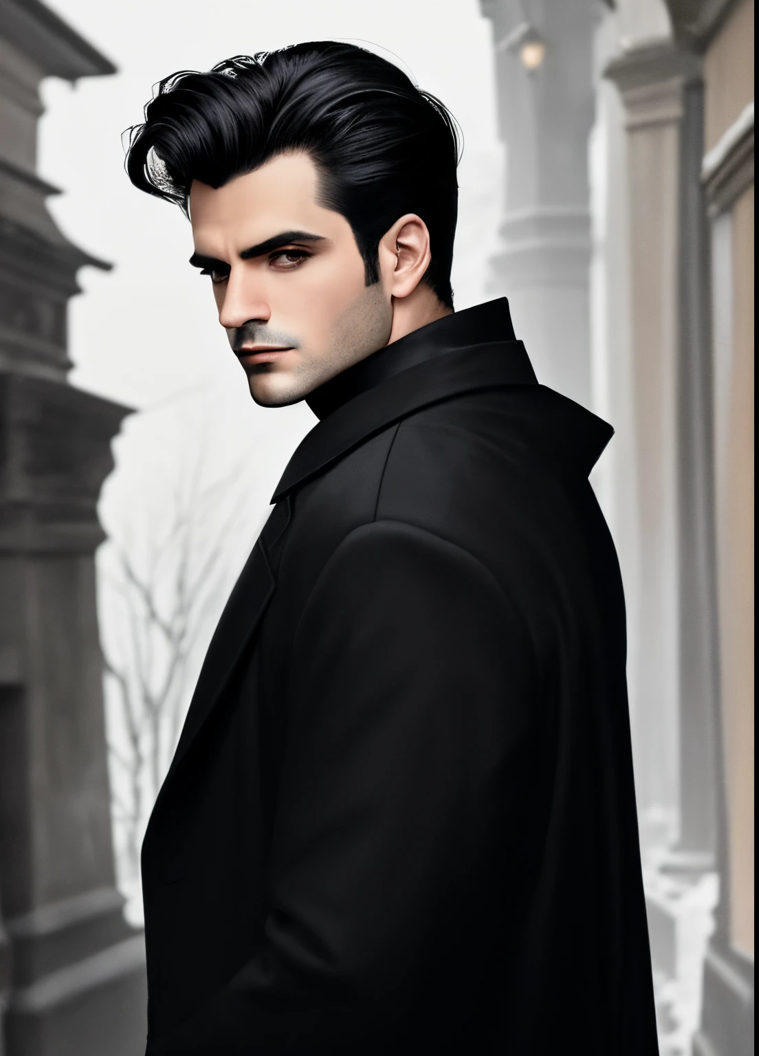 Um vampiro bonito parecido aparentando 40 anos nos tempos modernos com super curto ,maquina 0, Dark haired back into a widow&#39;s peak and wearing a long black coat, ambiente noturno moderno,barba desenhada com fios brancos no queixo.
