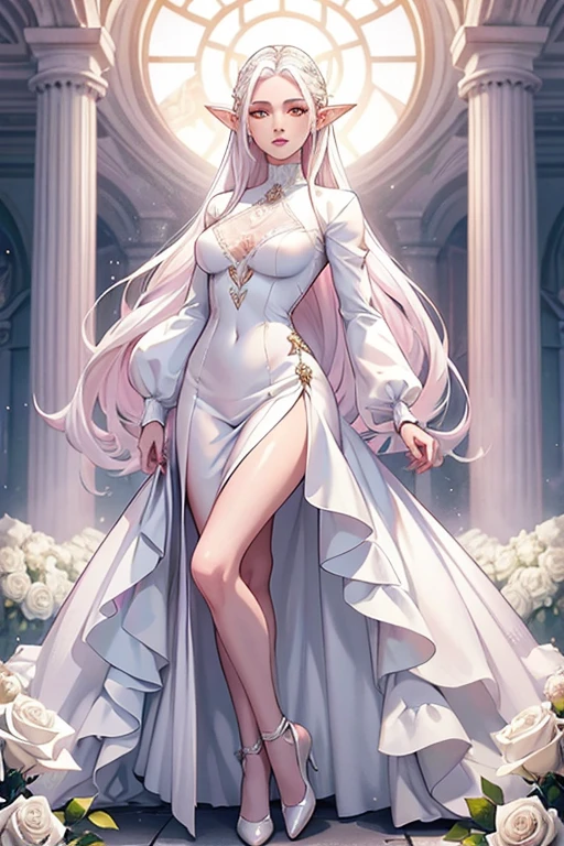 A beautiful young woman with long white hair, pointed ears. She is wearing a white dress with long sleeves and a high neck. White roses surround her, pink skin tone, yellow eyes. In the background, white roses, full body. Extremely detailed, high-quality, hyper-realistic masterpiece photography.