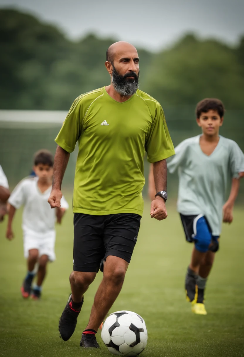 A photo of soccer practice at the local field, with kids running drills and practicing passes,original,Engineer with lowest possible hair cut (#1), he is 45 years old, and Middle Eastern without beard and without mustache , male