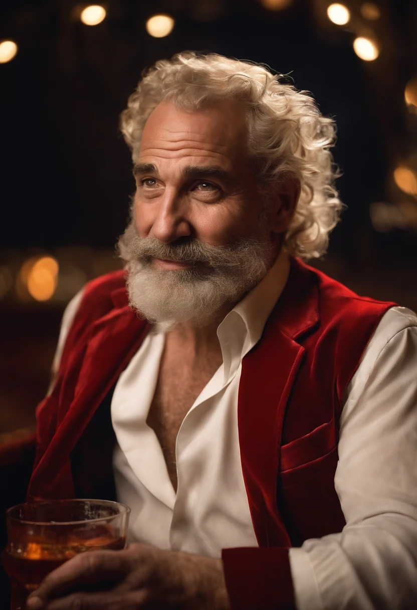 A photo of Bad Santa sitting at a dimly lit bar, holding a glass of bourbon in his hand.,original,His iconic red suit, now disheveled and stained, reflects a life marred by neglect and vice. The once neatly-groomed white beard is unkempt, and his eyes, historically a source of merry twinkle, are bloodshot and weary. The robust and cheerful figure we know is replaced by a more haggard and careworn man, who carries the weight of his struggles visibly., male