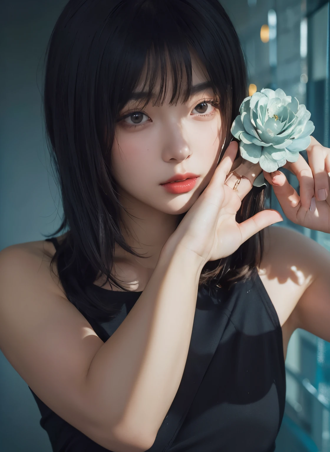 (Best quality, 8k, 32k, Masterpiece, UHD:1.2) "Produce a captivating art piece featuring a girl with a stylish bob haircut, illuminated by dramatic and cinematic lighting that accentuates the contours of her face and hair. Create an atmosphere that exudes intrigue and depth, with shadows and highlights playing a central role in defining the scene. The lighting should emphasize the girl's features and add an extra layer of drama to the composition, making it visually striking and evoking a sense of mystery and allure." lingerie