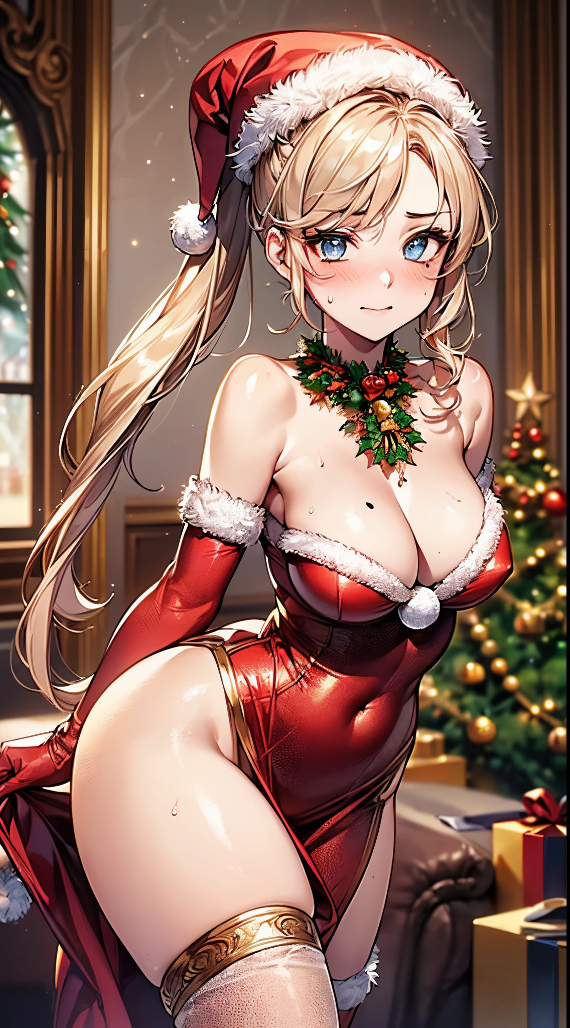 ((((perfect anatomy, super detailed skin)))), 1 girl, japanese, , shiny skin, watching the view,
beautiful hair, beautiful face, beautiful detailed eyes, (long hair:1.7, side ponytail:1.5), blond hair, blue eyes, mole under eye,
beautiful clavicle, beautiful body, beautiful chest, beautiful thigh, beautiful legs, babyface, medium breasts, perfect body, gorgeous faces, seductive boobs, seductive thighs,
((wearing santa claus costume, symmetrical clothing, metallic red santa claus hat, metallic red santa claus dress, metallic red santa claus boots, bare shoulders), christmas necklace),
(embarrassed, blush), standing, sweat,
(beautiful scenery), indoors, livingroom, (christmas tree:1.3),
(top-quality, masterpiece:1.2, extremely detailed), (photorealistic), beautiful illustration, cinematic lighting, (thigh focus, from below, view from forward:1.3),