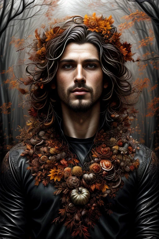 fall inspired art ,a man in fall , digital painting, in the style of sophie wilkins, irene sheri, naoto hattori, pointillist artworks, chic illustrations, lush brushstrokes, 1970s