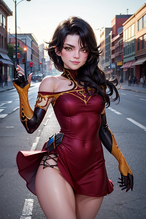 (masterpiece, best quality:1.2), cowboy shot, solo, 1girl, cinder fall, evil smile, looking at viewer, long hair, red dress, elbow gloves, on busy street