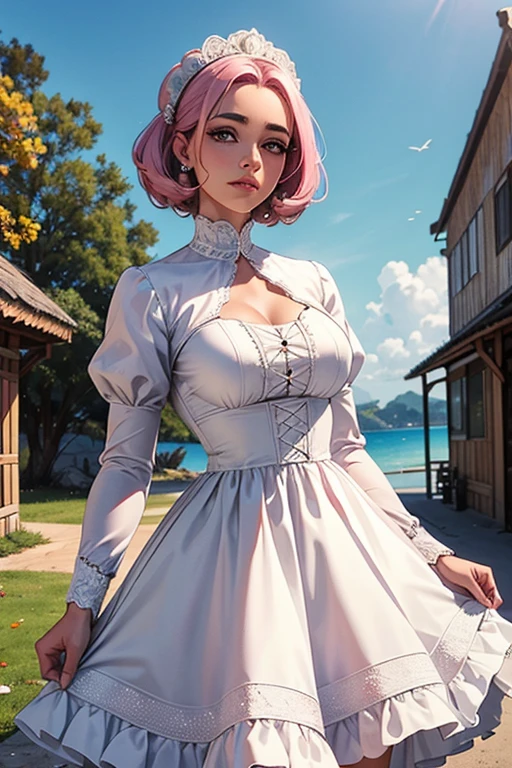 Uma bela jovem com longos cabelos brancos, orelhas pontiagudas. She is wearing a white dress with long sleeves and a high collar.. Rosas brancas a cercam, tom de pele rosa, olhos amarelos. In the background, rosas brancas, corpo inteiro. extremamente detalhado, alta qualidade, fotografia de obra-prima hiper-realista.