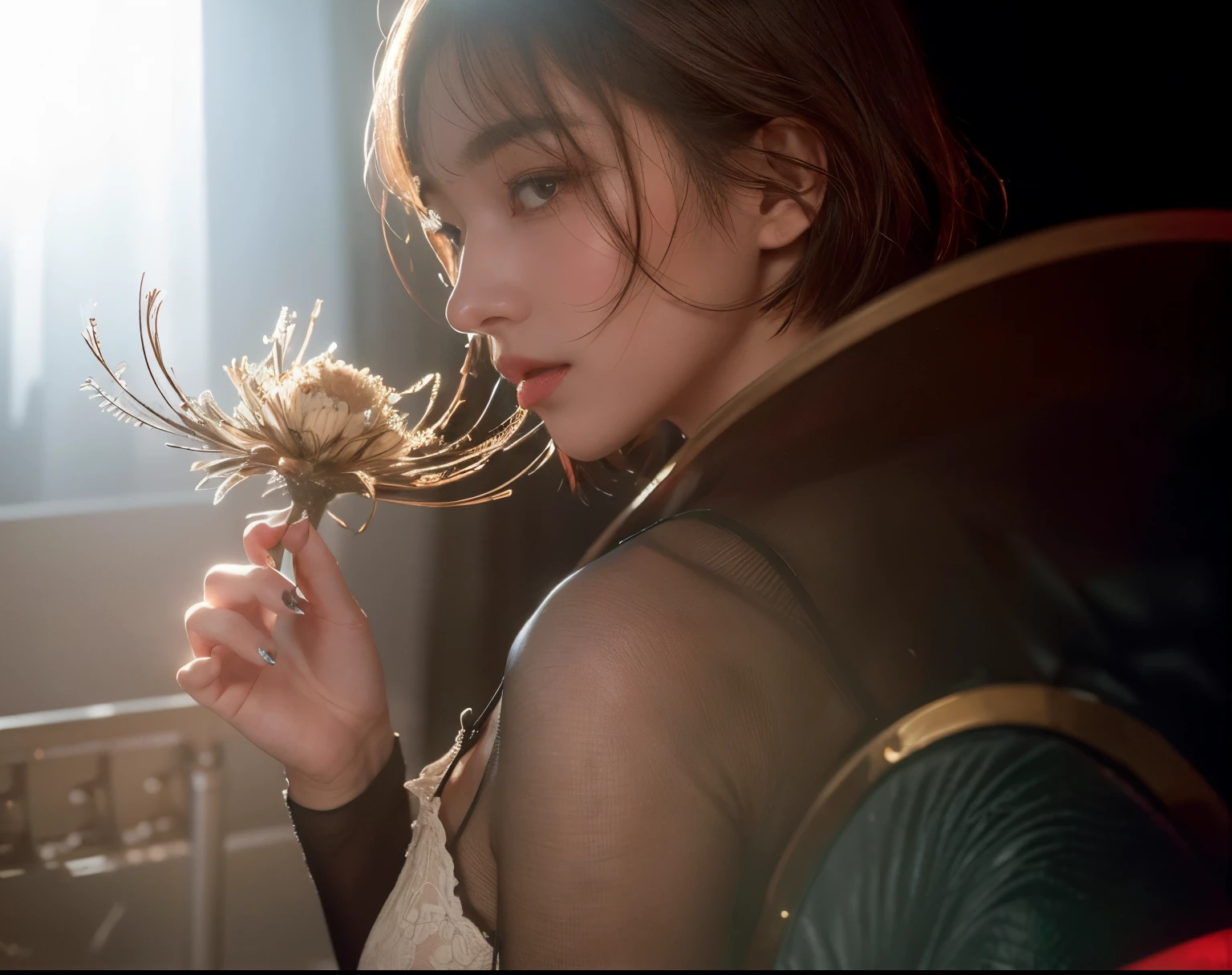 (Best quality, 8k, 32k, Masterpiece, UHD:1.2) "Produce a captivating art piece featuring a girl with a stylish bob haircut, illuminated by dramatic and cinematic lighting that accentuates the contours of her face and hair. Create an atmosphere that exudes intrigue and depth, with shadows and highlights playing a central role in defining the scene. The lighting should emphasize the girl's features and add an extra layer of drama to the composition, making it visually striking and evoking a sense of mystery and allure." lingerie