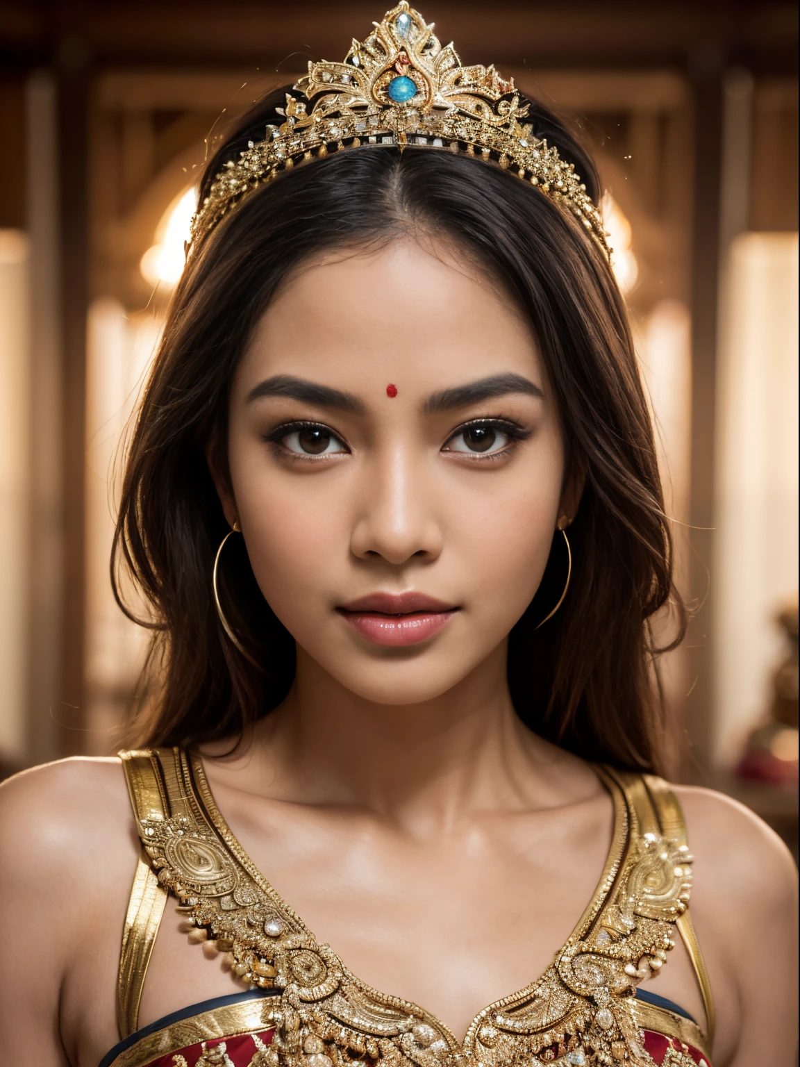 (best quality, ultra-detailed, realistic:1.37), professional, beautiful detailed eyes, beautiful detailed lips, detailed facial features, natural skin tones, perfect skin texture, delicate facial expressions, image in high resolution, realistic face, realistic skin, plain face, natural smile, highly detailed hair, (Dina), 18yo, (a graceful Javanese dancer), mesmerizes the audience with her captivating dance performance. Adorned in a traditional dance costume, her eyes shine with passion and her lips express the emotions of the dance. The high-resolution image captures ultra-detailed realism, highlighting Dina's beautiful eyes, lips, and facial features. The stage setting, with traditional Javanese dance props and vibrant lighting, adds to the enchanting ambiance, creating a visually stunning representation of Javanese dance artistry.