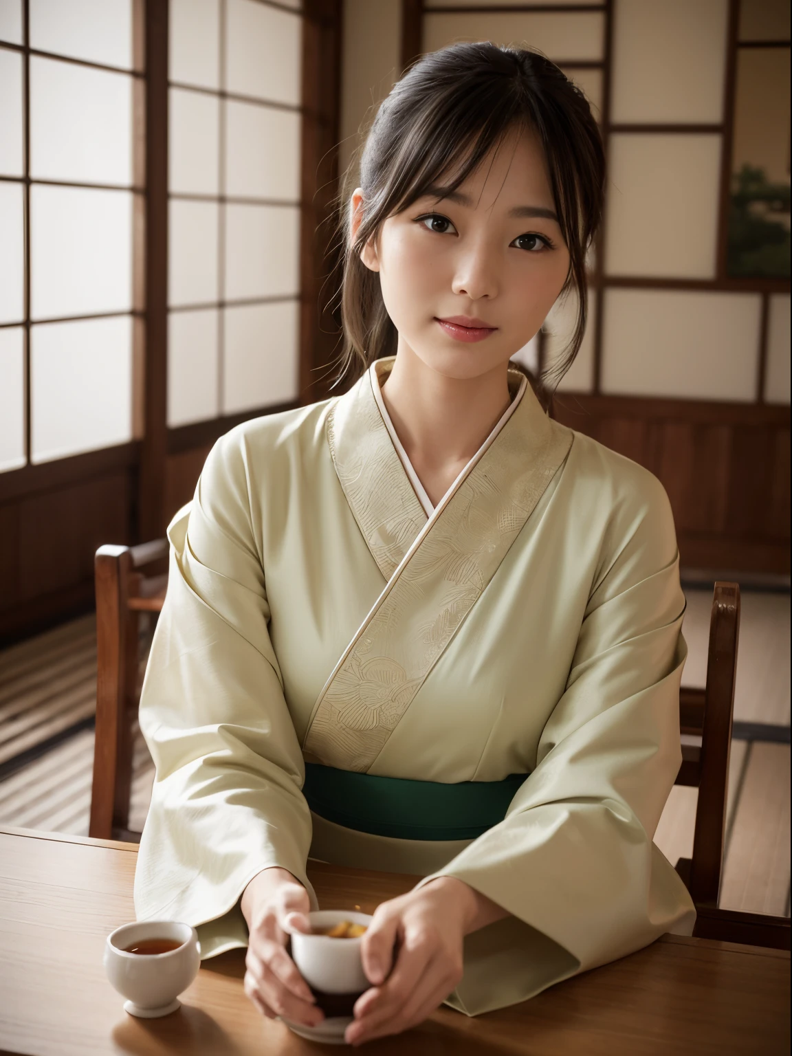 (8k, highest quality, ultra detailed:1.37), (Eriko), 18yo, (a Japanese tea ceremony enthusiast), enjoys a traditional tea gathering in an elegant tea house. She wears a beautiful Kimono, showcasing her appreciation for Japanese culture. The high-resolution image captures ultra-detailed realism, emphasizing Eriko's captivating eyes, flawless complexion, and her serene expression while enjoying the tea. The meticulously crafted tea house, with its intricate details and peaceful ambiance, adds to the authenticity of the scene, showcasing Eriko's passion for the art of tea.