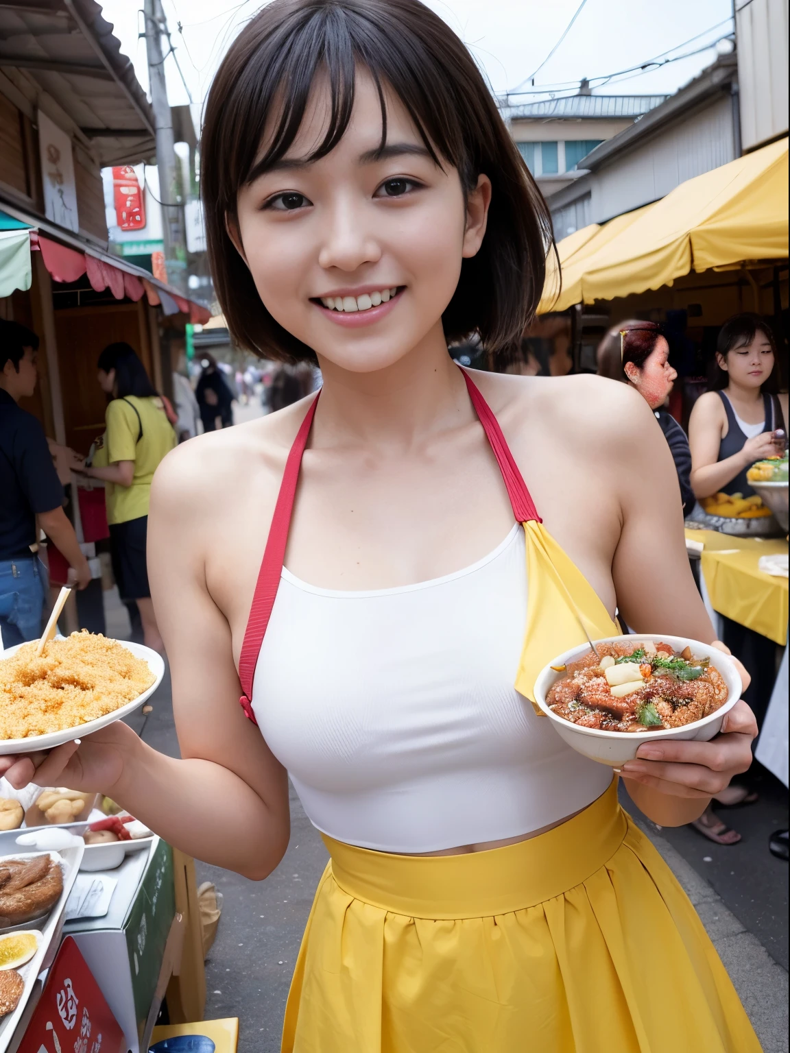 (8k, highest quality, ultra detailed:1.37), (Eriko), 18yo, (an adventurous Japanese food lover), explores the bustling streets of a vibrant food market. She tries out various street food delicacies, immersing herself in the rich flavors and aromas. The high-resolution image captures ultra-detailed realism, highlighting Eriko's captivating eyes, flawless complexion, and her joyful expression while savoring the delicious food. The vibrant food stalls and bustling market scene serve as a backdrop, showcasing Eriko's love for culinary exploration and the vibrant food culture of Japan.