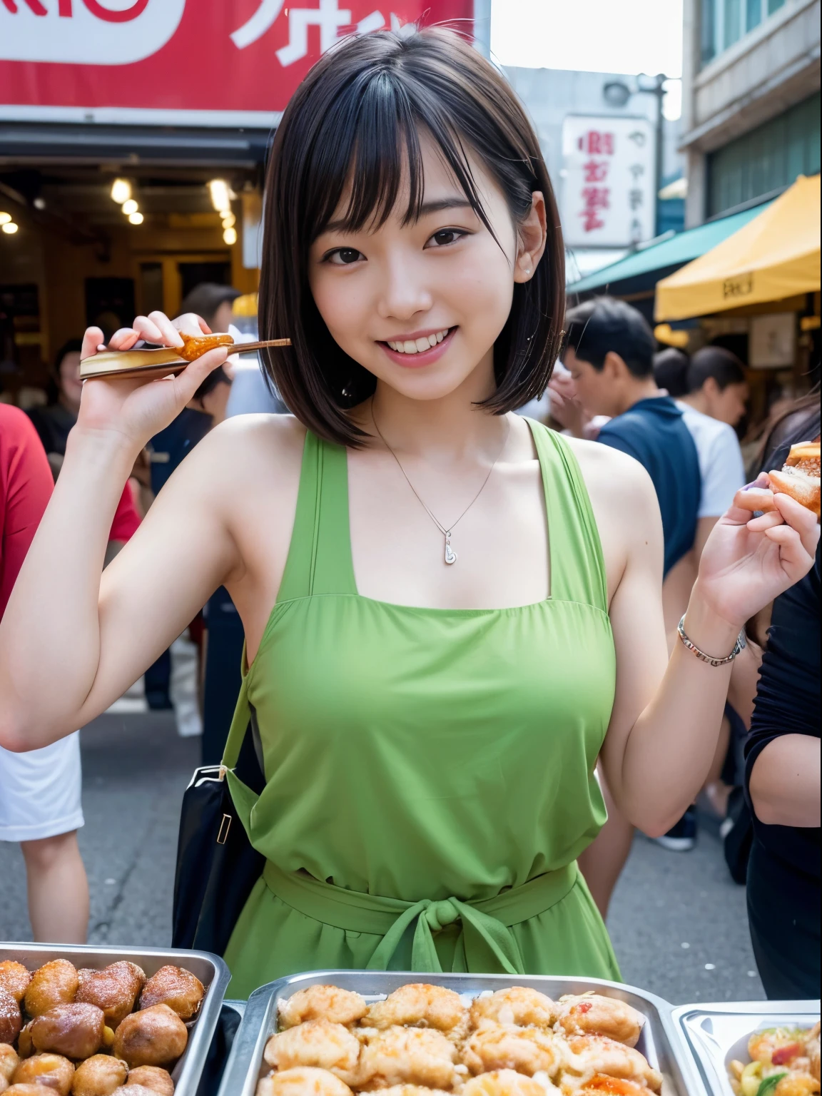 (8k, highest quality, ultra detailed:1.37), (Eriko), 18yo, (an adventurous Japanese food lover), explores the bustling streets of a vibrant food market. She tries out various street food delicacies, immersing herself in the rich flavors and aromas. The high-resolution image captures ultra-detailed realism, highlighting Eriko's captivating eyes, flawless complexion, and her joyful expression while savoring the delicious food. The vibrant food stalls and bustling market scene serve as a backdrop, showcasing Eriko's love for culinary exploration and the vibrant food culture of Japan.