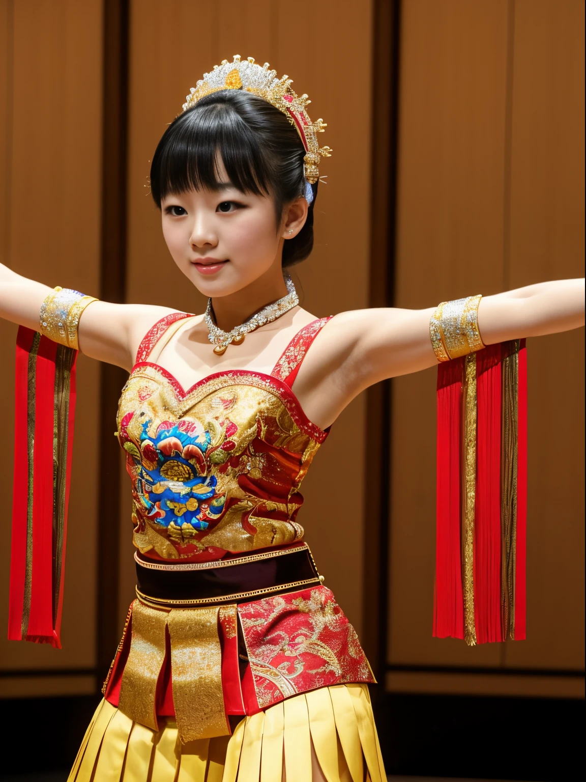 (8k, highest quality, ultra detailed:1.37), (Eriko), 18yo, (a talented Japanese dancer), performs a traditional dance in a beautifully decorated stage. She wears an elegant dance costume, showcasing the grace and precision of her movements. The high-resolution image captures ultra-detailed realism, highlighting Eriko's captivating eyes, flawless complexion, and the fluidity of her dance. The intricate stage setting, with its traditional motifs and vibrant colors, adds to the visual spectacle, showcasing Eriko's passion for preserving Japanese cultural heritage.