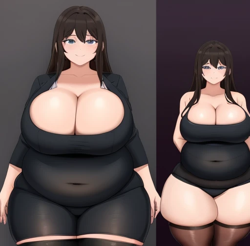 (Huge cleavage:1.5),black pantyhoses,overweight obese body(3.9),Abdominal obesity,abdominal sagging,(Belly Obesity 5.6),The clothes were tattered,Abdominal obesity,bbw、 Plump curves、Soft and round,Severe fat accumulation,Difficulty in action,squatt,Press belly fat, brunette color hair, thigh high, Beautiful curves, Plump, pervert smirk,