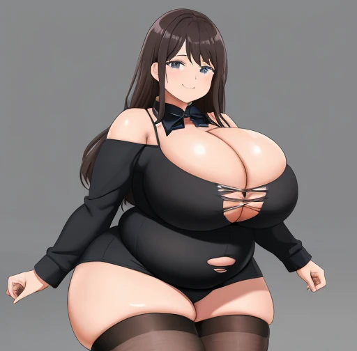 (Huge cleavage:1.5)，black pantyhoses，overweight obese body（3.9），Abdominal obesity，abdominal sagging，（Belly Obesity 5.6），The clothes were tattered，Abdominal obesity，bbw、 Plump curves、Soft and round，Severe fat accumulation，Difficulty in action，squatt，Press belly fat, brunette color hair, thigh high, Beautiful curves, Plump, pervert smirk,