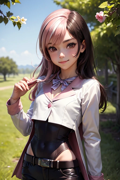 (masterpiece, best quality:1.2), cowboy shot, solo, 1girl, neopolitan, smile, closed mouth, looking at viewer, heterochromia, brown eye, pink eye, white cropped jacket, leotard under clothes, pants, belt, orchard, summer afternoon