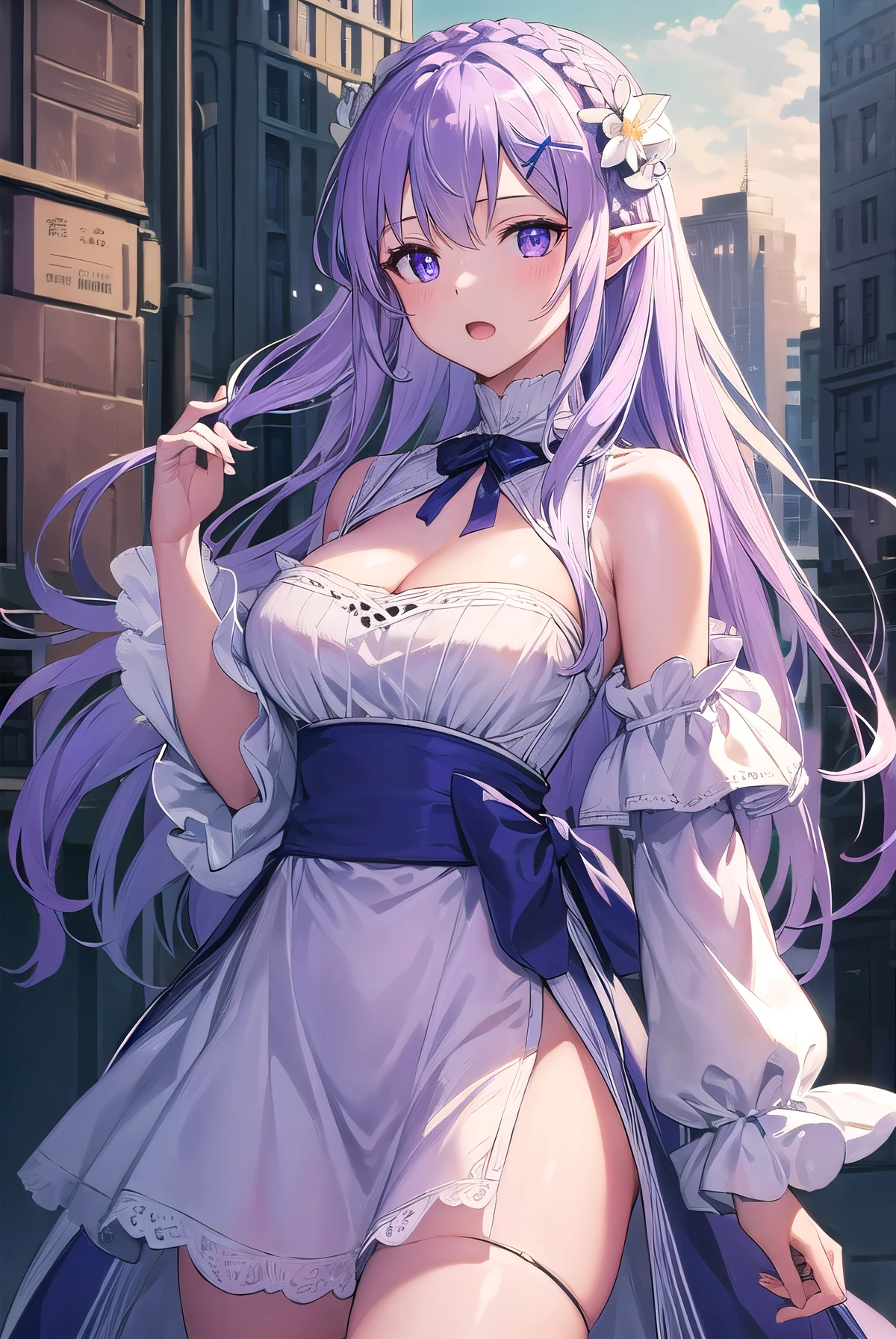 rezeroemilia, emilia, braid, crown braid, flower, hair flower, hair ornament, hair ribbon, long hair, low-tied long hair, (purple eyes:1.2), pointy ears, white flower, x hair ornament, open mouth,
BREAK White Lacey bra, blue jeans, 
BREAK outdoors, city,
BREAK looking at viewer, (cowboy shot:1.5),
BREAK (masterpiece:1.2), best quality, high resolution, unity 8k wallpaper, (illustration:0.8), (beautiful detailed eyes:1.6), extremely detailed face, perfect lighting, extremely detailed CG, (perfect hands, perfect anatomy),