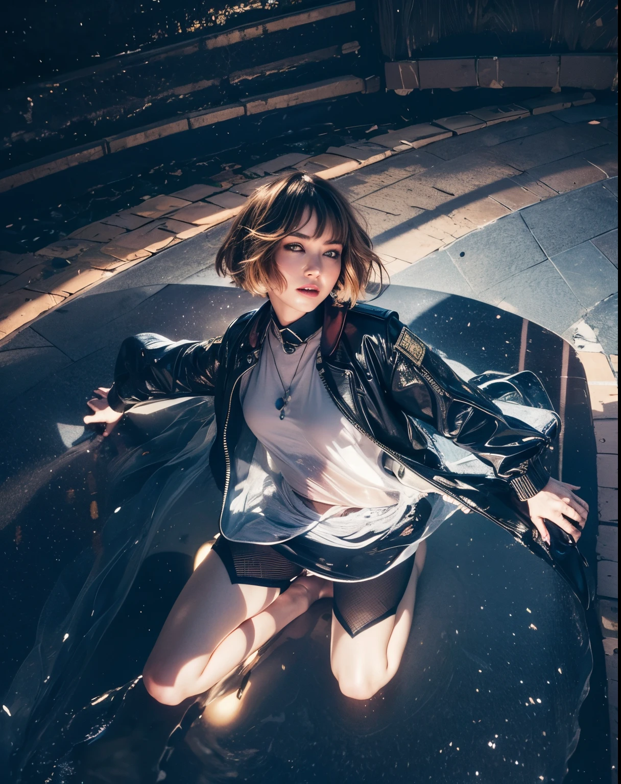 (Best quality, 8k, 32k, Masterpiece, UHD:1.2) "Produce a captivating art piece featuring a girl with a stylish bob haircut, illuminated by dramatic and cinematic lighting that accentuates the contours of her face and hair. Create an atmosphere that exudes intrigue and depth, with shadows and highlights playing a central role in defining the scene. The lighting should emphasize the girl's features and add an extra layer of drama to the composition, making it visually striking and evoking a sense of mystery and allure." galaxy, stars