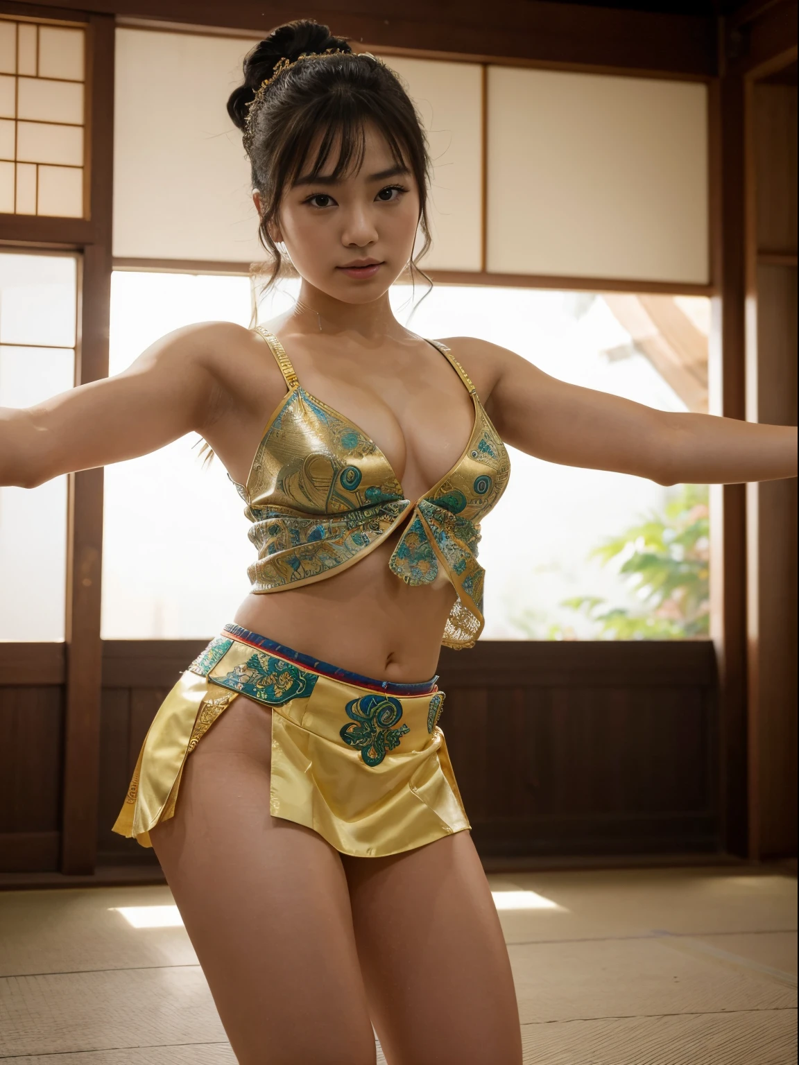 (8k, highest quality, ultra detailed:1.37), (Eriko), 18yo, (a talented Japanese dancer), performs a traditional dance in a beautifully decorated stage. She wears an elegant dance costume, showcasing the grace and precision of her movements. The high-resolution image captures ultra-detailed realism, highlighting Eriko's captivating eyes, flawless complexion, and the fluidity of her dance. The intricate stage setting, with its traditional motifs and vibrant colors, adds to the visual spectacle, showcasing Eriko's passion for preserving Japanese cultural heritage.