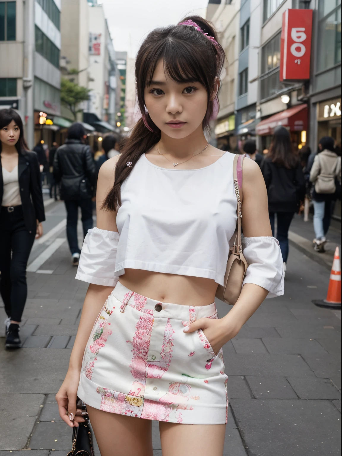 (8k, highest quality, ultra detailed:1.37), (Eriko), 18yo, (a stylish Japanese college girl), showcases her unique fashion sense in the vibrant streets of Harajuku. She rocks a colorful and eclectic outfit, combining different patterns, textures, and accessories. The high-resolution image captures ultra-detailed realism, emphasizing Eriko's captivating eyes, flawless complexion, and confident expression. The vibrant and bustling Harajuku atmosphere serves as a backdrop, highlighting Eriko's bold and playful style.