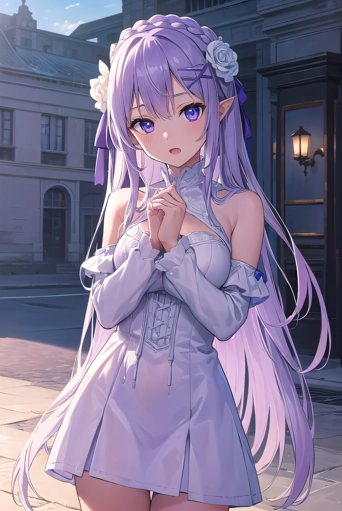 rezeroemilia, emilia, braid, crown braid, flower, hair flower, hair ornament, hair ribbon, long hair, low-tied long hair, (purple eyes:1.2), pointy ears, white flower, x hair ornament, open mouth,
BREAK White Lacey bra, blue jeans,
BREAK outdoors, city,
BREAK looking at viewer, (cowboy shot:1.5),
BREAK (masterpiece:1.2), best quality, high resolution, unity 8k wallpaper, (illustration:0.8), (beautiful detailed eyes:1.6), extremely detailed face, perfect lighting, extremely detailed CG, (perfect hands, perfect anatomy),