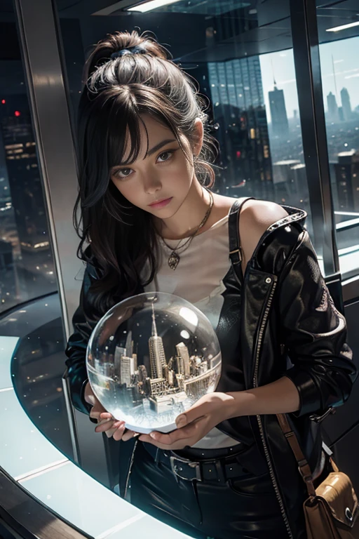 young perffect woman holding utopian city in the glass ball, little futuristic city in the glass bal inside, wearing rags dirty