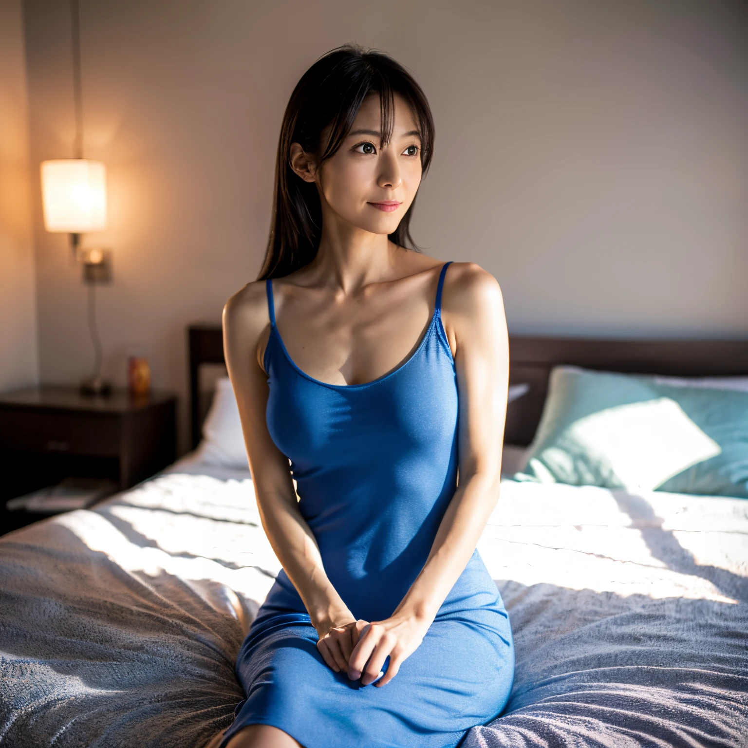 (8k, RAW photo, best quality, masterpiece:1.2), High detail RAW color photo, professional photograph, (realistic, photo realistic:1.37), cinematic light, Japanese lady, 42 years old, cute face, posing to viewer, solo:1, alone in a bed, random background, long hair, skinny figure, very small breasts, emphasize very thin waist, lovely body, tight knit dress