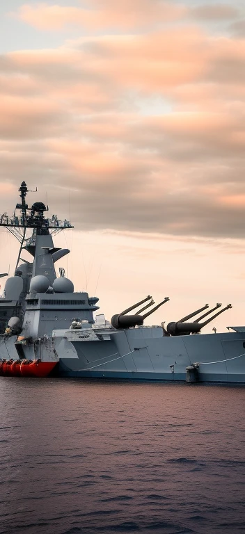 Alafid battleship in the water，The background is a large ship, warships, battleship, warships, naval landscape, Big spear, naval background, author：Daniel Lisk, At sunset, hull, trending photo, Wayne England, photo from the side, biopic, still photo, photo shot, recognizable, taken from the side, military weaponry, militaristic