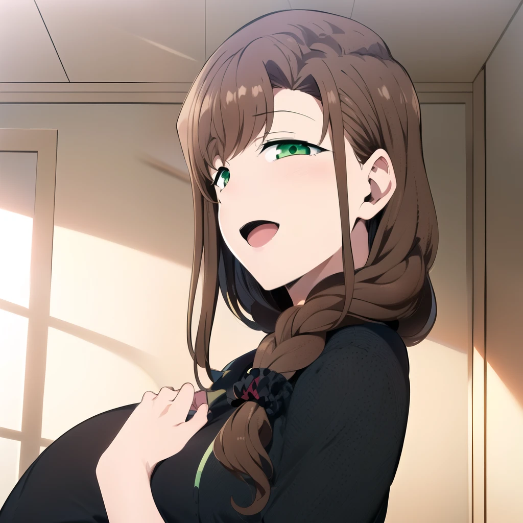 hd masterpiece, best quality, 1girl, solo, long hair, (((black shirt)), white apron, hand, opened mouth, brown hair, braid , ears, :d, DETAILED GREEN eyes, iris, opened mouth, braid, ((living room)), surprised, red button, scrunchie, looking at viewer