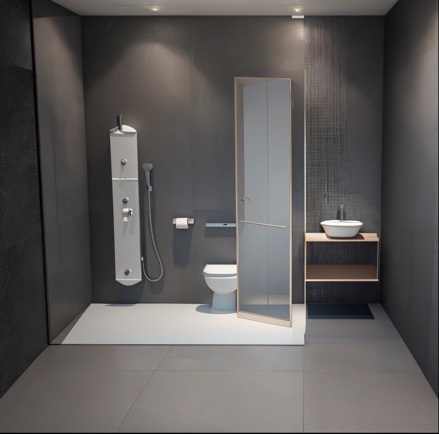 a rendering of a bathroom with a toilet, sink, and shower, dark and realistic, modern bathroom, detailed 3d render, darkslategray wall, detailed 3 d render, dark and modern, in style of 3d render, detailed render, 3d finalrender, 3 d finalrender, mies van der rohe, minimalistic background, black walls