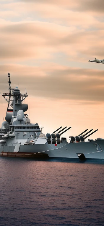 Alafid battleship in the water,The background is a large ship, warships, battleship, warships, naval landscape, Big spear, naval background, author:Daniel Lisk, At sunset, hull, trending photo, Wayne England, photo from the side, biopic, still photo, photo shot, recognizable, taken from the side, military weaponry, militaristic