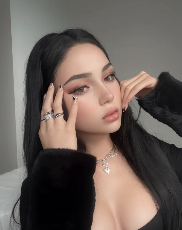 there is a woman with long black hair and a black top, 18 years old, 1 6 , bella poarch, ayahausca, portrait sophie mudd, violet myers, sultry look, with professional makeup, with long hair and piercing eyes, profile image, basia tran, with straight black hair, kailee mandel