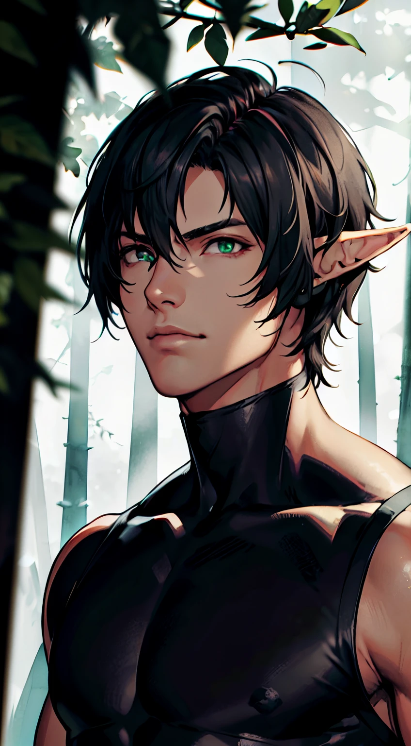 (absurdres, highres, ultra detailed), 1 male, elf adult, handsome, tall slender guy, narrow shoulders, finely detailed eyes and detailed face, messy shaggy black hair, side bangs, bangs, green eyes, sexy twink, shirtless, final fantasy , dog collar, pouty expression, narrow eyes