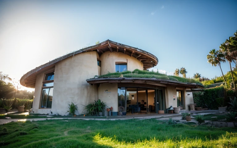 A photograph of a symmetrical contemporary house with (((one hyperbolic paraboloid green roof))) and (((biological pool))) and ((base wall foundation)) in a tropical backyard, mustard yellow terracota plaster walls (((rustic clay stucco))), ((corner walls rounded)), ((rustic clay plaster)), (((terracotta walls with rounded corners, organic curves and squared))), (((rustic earth plaster, mud))), (((hyperbolic-shaped green roof with wooden edge))), (((wooden roof structure, wooden rake, wooden fascia board))), eaves, ((roof with wooden structure)), In Bahia (((tropical garden))), ((natural houses, organic buildings, organic architecture)), ecovillage, sustainable architecture, bioconstruction architecture, solarpunk architecture, (((grass roof, green roof, green wave roof, rounded roof, vegetated roofs))), (((rock base foundation wall, foundation height 30cm, stone base wall 30cm high))), ((green architecture)), passive house, clear sky in the background, painful beauty, modern, imposing, green house, ((Bali hobbit Hadid Style)), super resolution, cinematic, color grading, editorial photography, photography, photo shoot, (((dramatic front eye top angle view))), O 50mm, depth of field, intricate details, natural colors, sharp focus, warm light, shutter speed 1/1000, F/22, White Balance, Ray Trace Reflections, Lumen Reflections, Screen Space Reflections, Diffraction Rating, Chromatic Aberration, GB Shift, Partial Lighting, Backlighting, Daylighting, Scan Lines, ambient occlusion, antialiasing, shaders, OpenGL-Shaders, GLSL-Shaders, Post-processing, post-production, shading, tone mapping, incredibly detailed and complex, hypermaximalist, elegant, hyperrealistic, super detailed, dynamic pose, Fujifilm XT