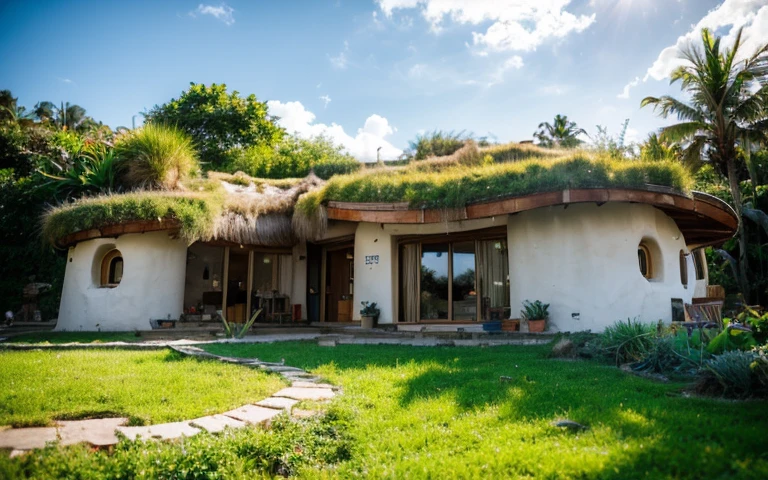 A photograph of a symmetrical contemporary house with (((one hyperbolic paraboloid green roof))) and (((biological pool))) and ((base wall foundation)) in a tropical backyard, mustard yellow terracota plaster walls (((rustic clay stucco))), ((corner walls rounded)), ((rustic clay plaster)), (((terracotta walls with rounded corners, straight walls))), (((rustic earth plaster, mud))), (((hyperbolic-shaped green roof with wooden edge))), (((wooden roof structure, wooden rake, wooden fascia board))), eaves, ((roof with wooden structure)), In Bahia (((tropical garden))), ((natural houses, organic buildings, organic architecture)), ecovillage, sustainable architecture, bioconstruction architecture, solarpunk architecture, (((grass roof, green roof, green wave roof, rounded roof, vegetated roofs))), (((rock base foundation wall, foundation height 30cm, stone base wall 30cm high))), ((green architecture)), passive house, clear sky in the background, painful beauty, modern, imposing, green house, ((Bali hobbit Hadid Style)), super resolution, cinematic, color grading, editorial photography, photography, photo shoot, (((dramatic front eye top angle view))), O 50mm, depth of field, intricate details, natural colors, sharp focus, warm light, shutter speed 1/1000, F/22, White Balance, Ray Trace Reflections, Lumen Reflections, Screen Space Reflections, Diffraction Rating, Chromatic Aberration, GB Shift, Partial Lighting, Backlighting, Daylighting, Scan Lines, ambient occlusion, antialiasing, shaders, OpenGL-Shaders, GLSL-Shaders, Post-processing, post-production, shading, tone mapping, incredibly detailed and complex, hypermaximalist, elegant, hyperrealistic, super detailed, dynamic pose, Fujifilm XT