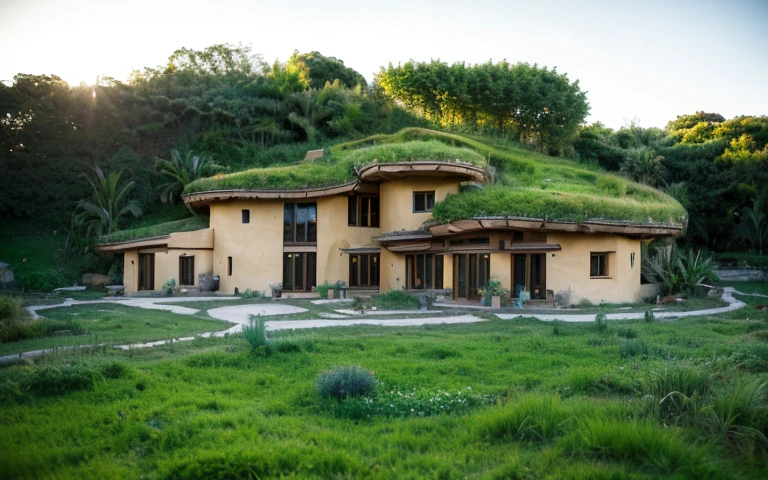 A photograph of a symmetrical contemporary house with (((one hyperbolic paraboloid green roof))) and (((biological pool))) and ((base wall foundation)) in a tropical backyard, mustard yellow terracota plaster walls (((rustic clay stucco))), ((corner walls rounded)), ((rustic clay plaster)), (((terracotta walls with rounded corners, straight walls))), (((rustic earth plaster, mud))), (((hyperbolic-shaped green roof with wooden edge))), (((wooden roof structure, wooden rake, wooden fascia board))), eaves, ((roof with wooden structure)), In Bahia (((tropical garden))), ((natural houses, organic buildings, organic architecture)), ecovillage, sustainable architecture, bioconstruction architecture, solarpunk architecture, (((grass roof, green roof, green wave roof, rounded roof, vegetated roofs))), (((rock base foundation wall, foundation height 30cm, stone base wall 30cm high))), ((green architecture)), passive house, clear sky in the background, painful beauty, modern, imposing, green house, ((Bali hobbit Hadid Style)), super resolution, cinematic, color grading, editorial photography, photography, photo shoot, (((dramatic front eye top angle view))), O 50mm, depth of field, intricate details, natural colors, sharp focus, warm light, shutter speed 1/1000, F/22, White Balance, Ray Trace Reflections, Lumen Reflections, Screen Space Reflections, Diffraction Rating, Chromatic Aberration, GB Shift, Partial Lighting, Backlighting, Daylighting, Scan Lines, ambient occlusion, antialiasing, shaders, OpenGL-Shaders, GLSL-Shaders, Post-processing, post-production, shading, tone mapping, incredibly detailed and complex, hypermaximalist, elegant, hyperrealistic, super detailed, dynamic pose, Fujifilm XT