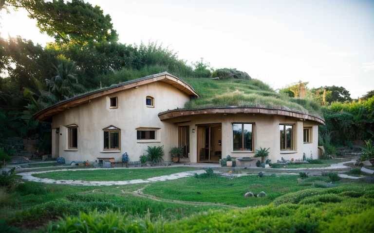 A photograph of a symmetrical contemporary house with (((one hyperbolic paraboloid green roof))) and (((biological pool))) and ((base wall foundation)) in a tropical backyard, mustard yellow terracota plaster walls (((rustic clay stucco))), ((corner walls rounded)), ((rustic clay plaster)), (((terracotta walls with rounded corners, straight walls))), (((rustic earth plaster, mud))), (((hyperbolic-shaped green roof with wooden edge))), (((wooden roof structure, wooden rake, wooden fascia board))), eaves, ((roof with wooden structure)), In Bahia (((tropical garden))), ((natural houses, organic buildings, organic architecture)), ecovillage, sustainable architecture, bioconstruction architecture, solarpunk architecture, (((grass roof, green roof, green wave roof, rounded roof, vegetated roofs))), (((rock base foundation wall, foundation height 30cm, stone base wall 30cm high))), ((green architecture)), passive house, clear sky in the background, painful beauty, modern, imposing, green house, ((Bali hobbit Hadid Style)), super resolution, cinematic, color grading, editorial photography, photography, photo shoot, (((dramatic front eye top angle view))), O 50mm, depth of field, intricate details, natural colors, sharp focus, warm light, shutter speed 1/1000, F/22, White Balance, Ray Trace Reflections, Lumen Reflections, Screen Space Reflections, Diffraction Rating, Chromatic Aberration, GB Shift, Partial Lighting, Backlighting, Daylighting, Scan Lines, ambient occlusion, antialiasing, shaders, OpenGL-Shaders, GLSL-Shaders, Post-processing, post-production, shading, tone mapping, incredibly detailed and complex, hypermaximalist, elegant, hyperrealistic, super detailed, dynamic pose, Fujifilm XT