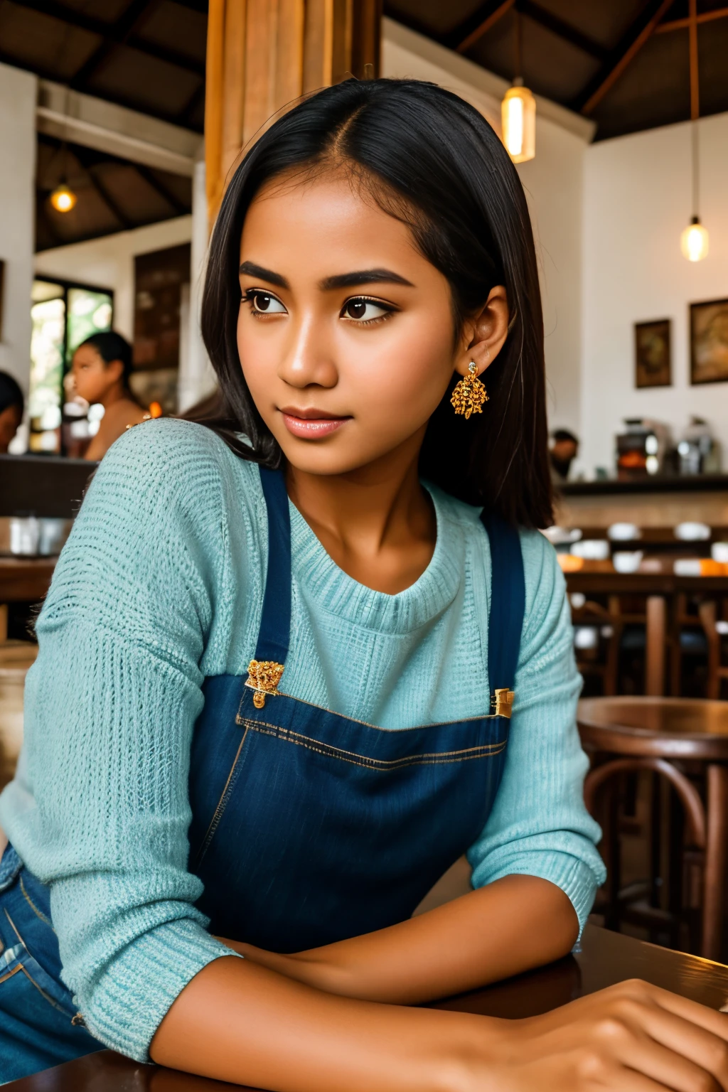 (8k, highest quality, ultra detailed:1.37), (Dina), 18yo, (a creative Javanese girl), immerses herself in the artistic atmosphere of a cozy coffee shop. She wears a trendy sweater with jeans, accessorized with unique jewelry. The high-resolution image captures ultra-detailed realism, highlighting Dina's captivating eyes, long eyelashes, and smooth complexion. The artsy coffee shop setting reflects Dina's artistic and Javanese cultural appreciation.